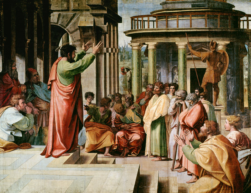 St. Paul Preaching at Athens (cartoon for the Sistine Chapel) (PRE RESTORATION) van (Raffael) Raffaello Santi