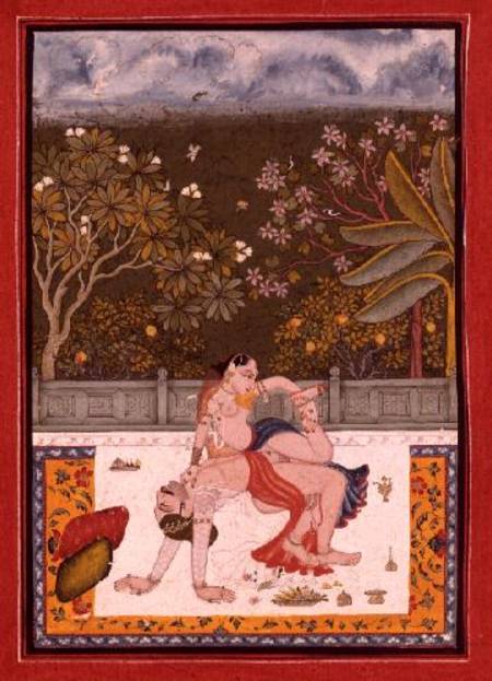 A prince and a lady in a combination of two canonical erotic positions listed in the `Kama Sutra', B van Rajput School