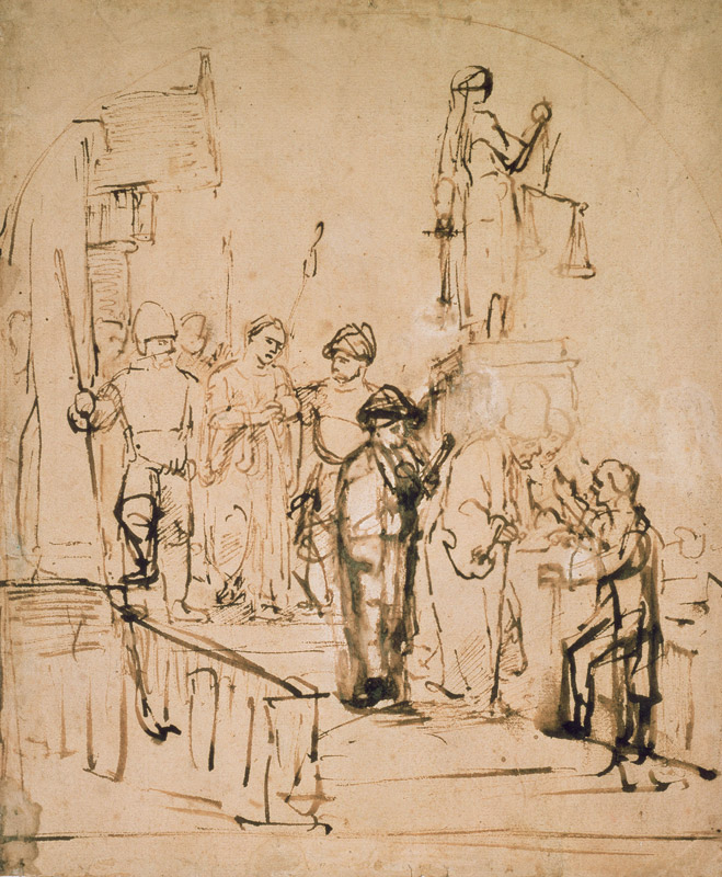 Susanna Brought to Judgement (pen & ink on paper) van Rembrandt van Rijn