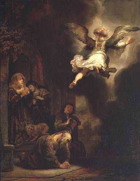 The Archangel Raphael Taking Leave of the Tobit Family van Rembrandt van Rijn