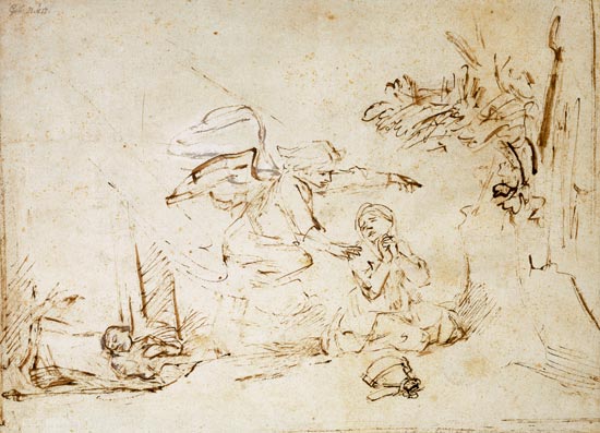 The Angel Appears to Hagar and Ishmael in the Wilderness van Rembrandt van Rijn