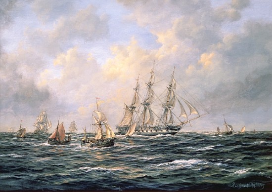 Convoy of East Indiamen amid Fishing Boats van Richard  Willis