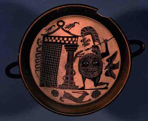 Laconian black-figure cup depicting a warrior attacking a snake, 6th century BC (pottery) van Rider Painter