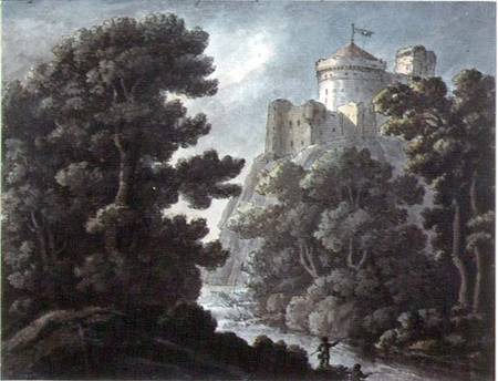 Landscape with castle on a rock van Robert Adam