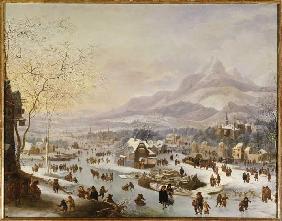 Große winterliche Flußlandschaft an einer Stadt vor dem Gebirge