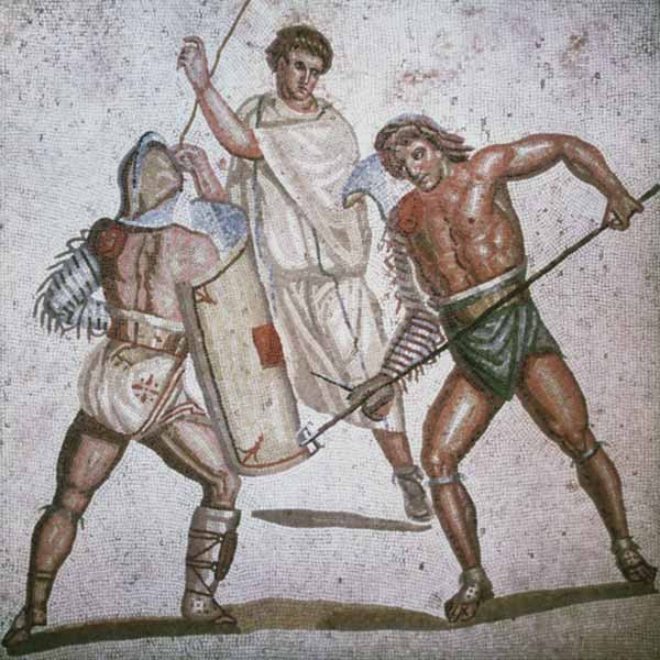 Zwei kämpfende Gladiatoren und ein Schiedsrichter Mosaik van römisch Mosaik