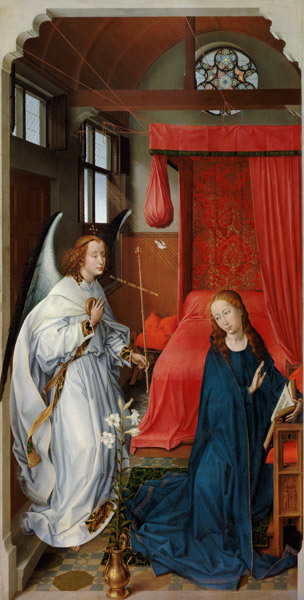 Dreikönigsaltar. Linker Flügel: Verkündigung Mariae, um 1455. van Rogier van der Weyden