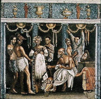 Actors rehearsing for a Satyr play, c.62-79 AD (mosaic) van Roman 1st century AD