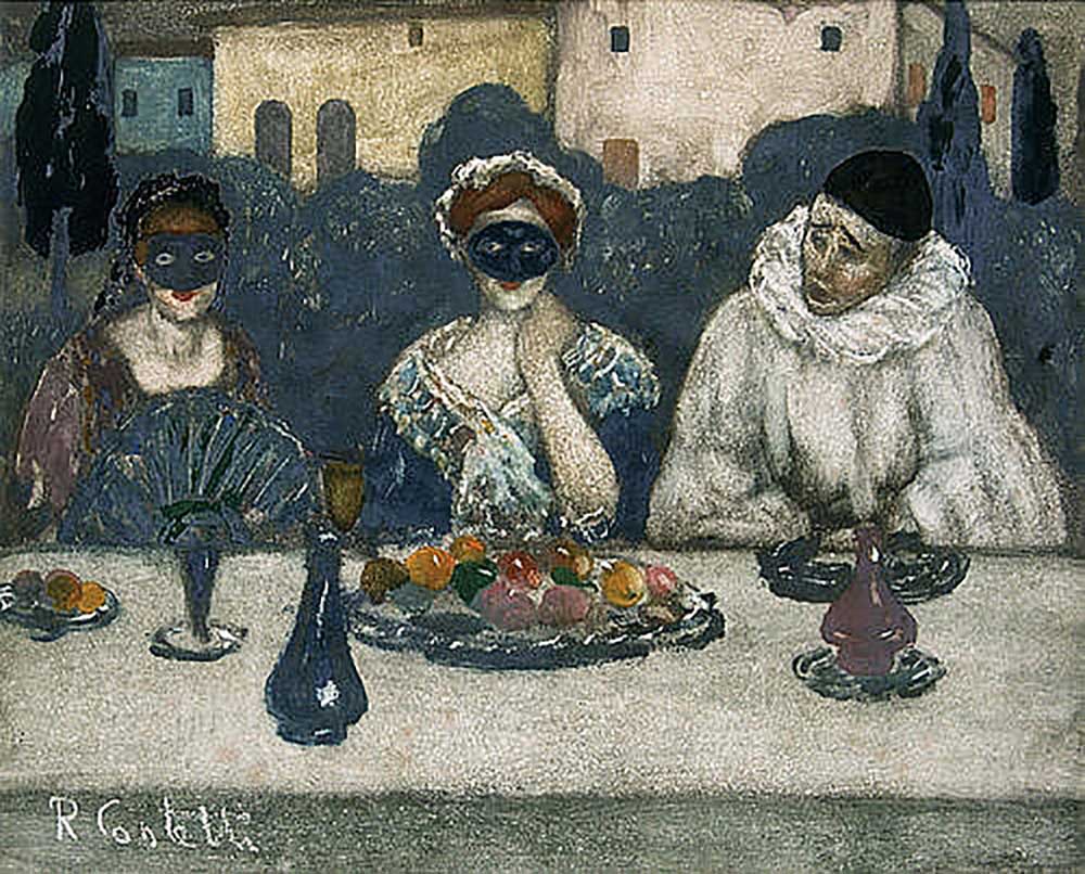 Two masked ladies and a Pierrot at a table van Romeo Costetti