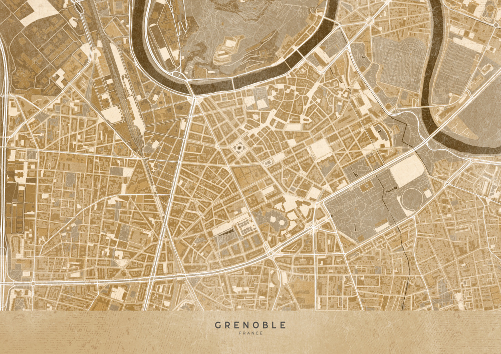 Sepia vintage map of Grenoble downtown France van Rosana Laiz Blursbyai