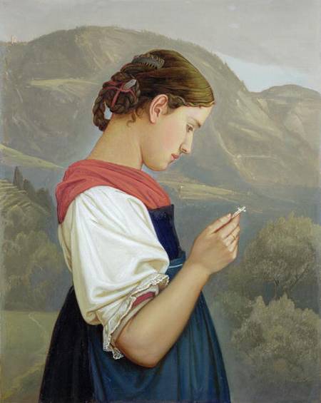 Tyrolean Girl Contemplating a Crucifix van Rudolf Friedrich Wasmann