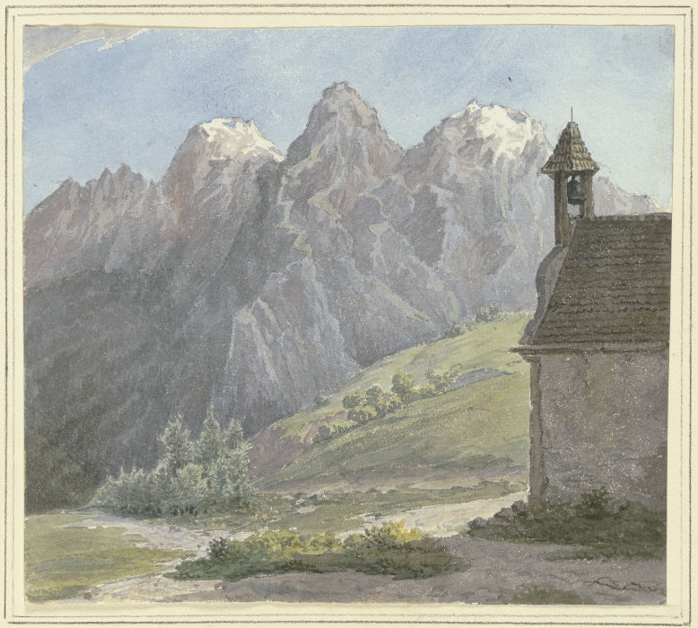 Berggipfel in den Alpen, vorne eine Kapelle van Rudolf Maria Bernhard von Stillfried-Alcantara