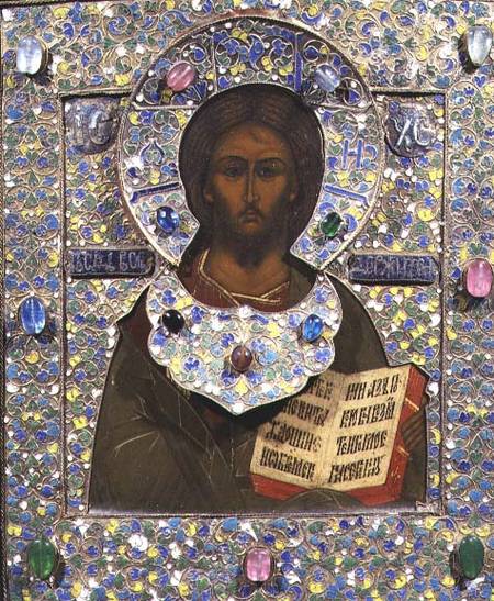 Christ Pantocrator, icon  panel with gilt and cloisonne enamel frame) van Russian School
