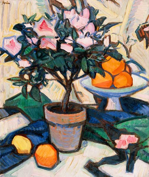 Rosa Azaleen und Orangen van Samuel John Peploe