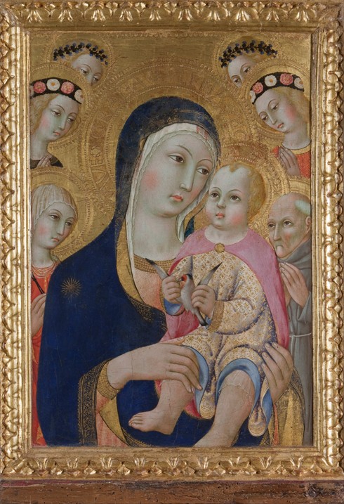 Madonna with Child, Saints Apollonia and Bernardino and four angels van Sano di Pietro