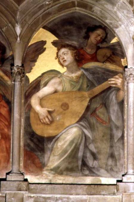 Musical angel within a trompe l'oeil cloister, detail of an angel playing a mandolin, from the inter van Santi di Tito
