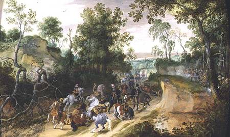 A Cavalry Column Ambushed on a Woodland path van Sebastian Vrancx