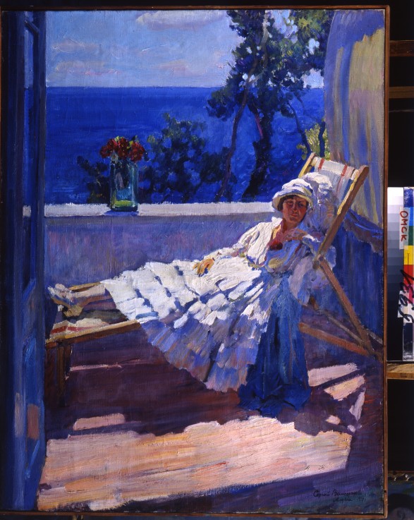 A lady on the balcony van Sergej Arsenjewitsch Winogradow