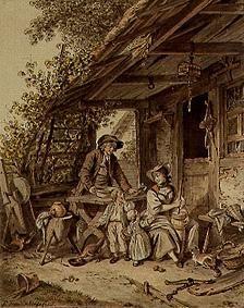 Berner Bauernfamilie vor dem Haus.