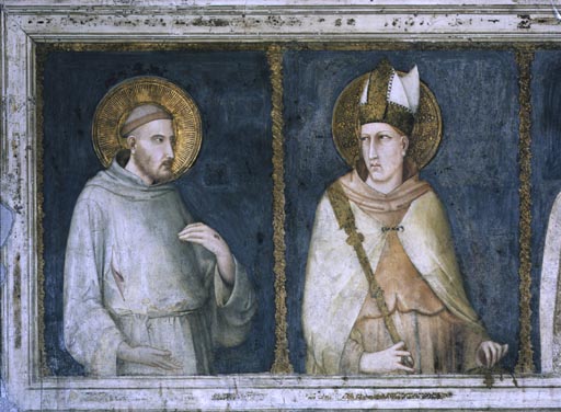 Die Heiligen Franziskus, Ludwig von Toulouse, Elisabeth, Klara und Ludwig von Frankreich van Simone Martini
