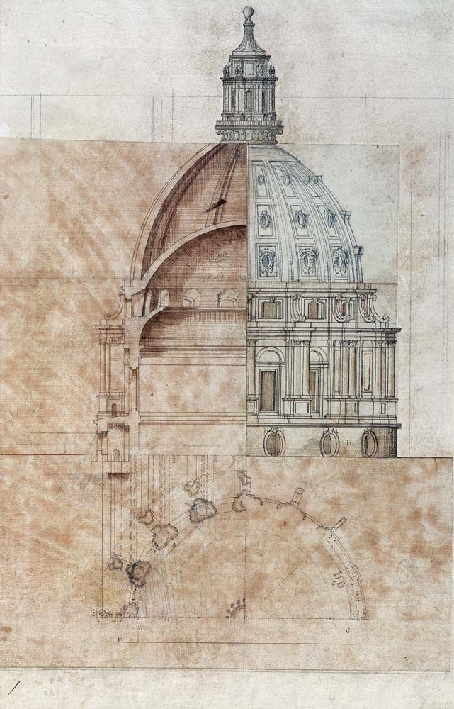 The 'Definitive Design': section, elevation and half plan of St. Paul's Cathedral dome cil on van Sir Christopher Wren