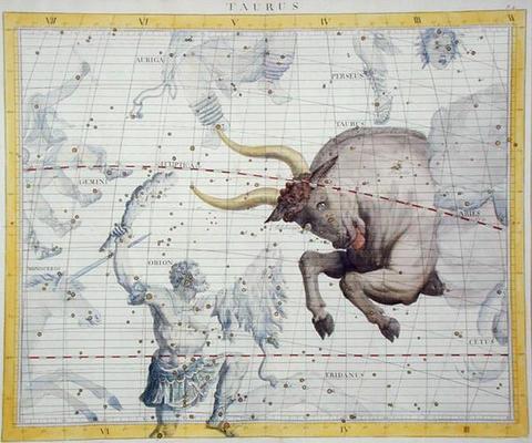 Constellation of Taurus, plate 2 from 'Atlas Coelestis', by John Flamsteed (1646-1710), published in van Sir James Thornhill