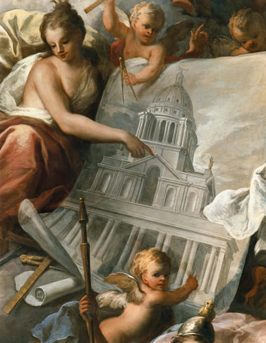Ceiling of the Painted Hall, detail showing a drawing of the exterior of the Painted Hall van Sir James Thornhill