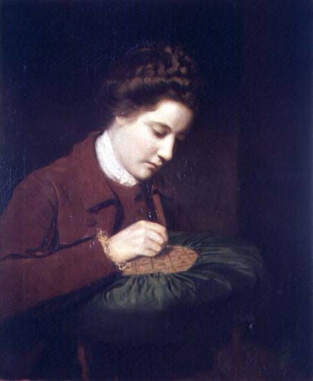 Lady embroidering, Mary Duchess of Richmond van Sir Joshua Reynolds