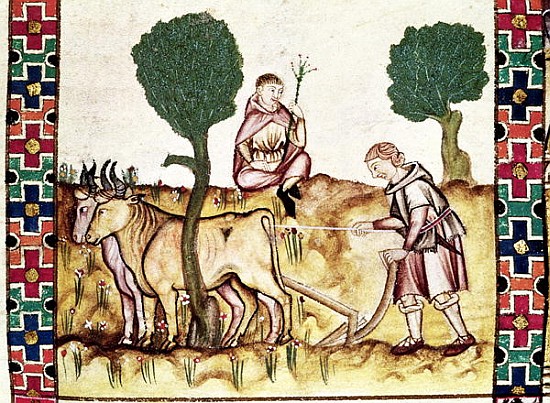 Fol.237r A farmer teaching his son to plough a field van Spanish School