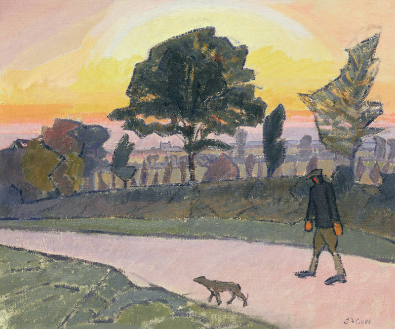 Sunset, Letchworth, with Man and Dog van Spencer Frederick Gore