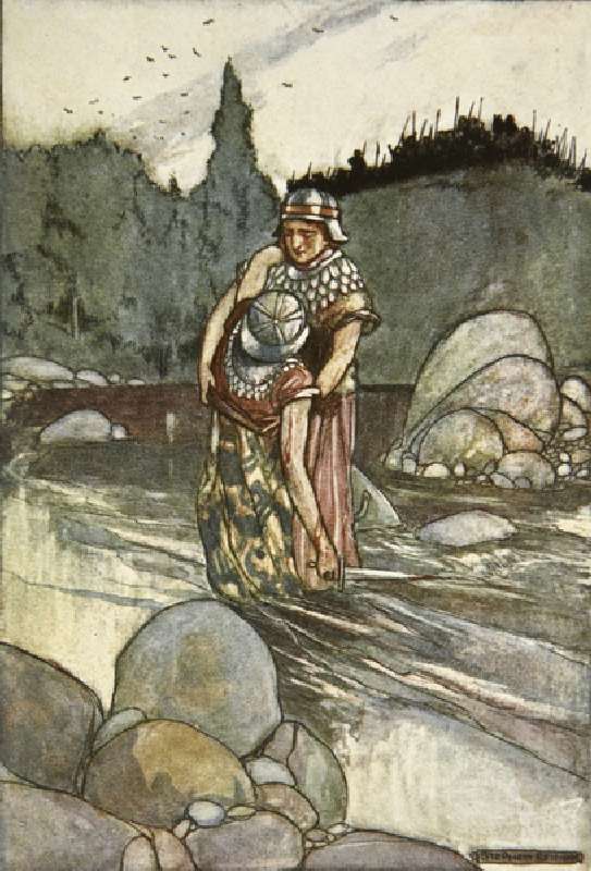 Ferdia falls by the Hand of Cuchulain, illustration from Cuchulain, The Hound of Ulster, by Eleanor  van Stephen Reid