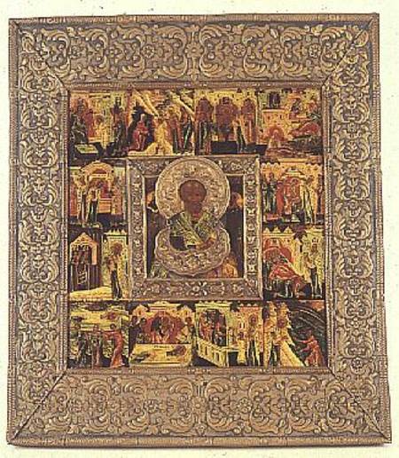 Russian icon depicting St.Nicholas, within a surround of 12 scenes from the life of Christ van Stroganov School