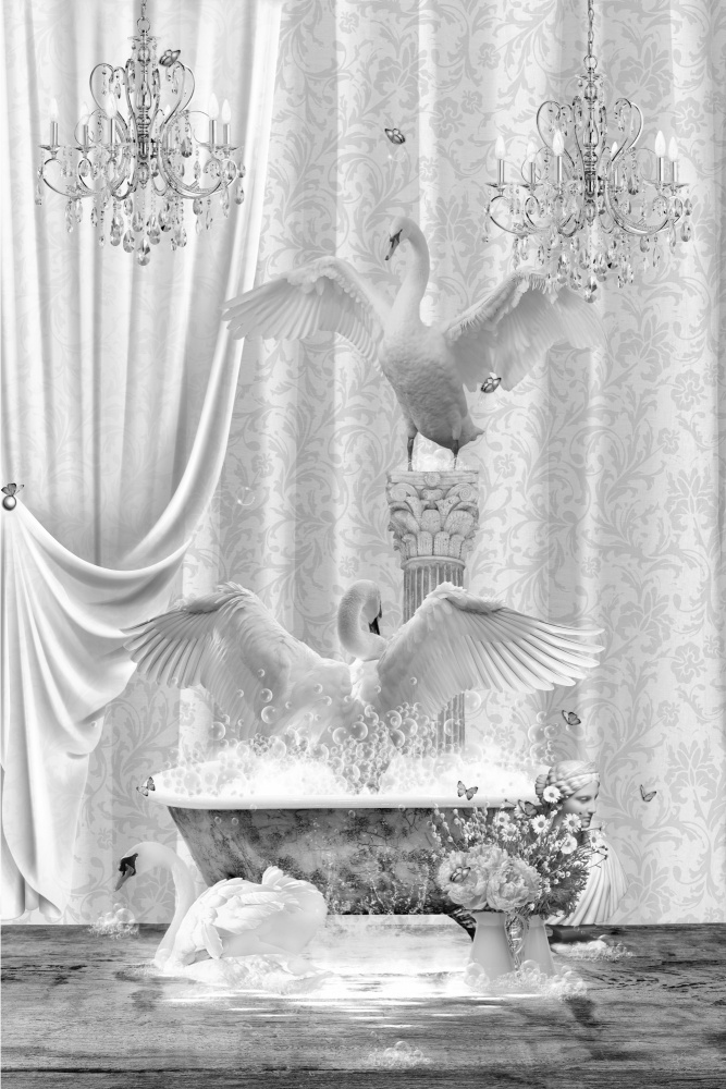 Three Swans &amp; Bubbles Black &amp; White van Sue Skellern