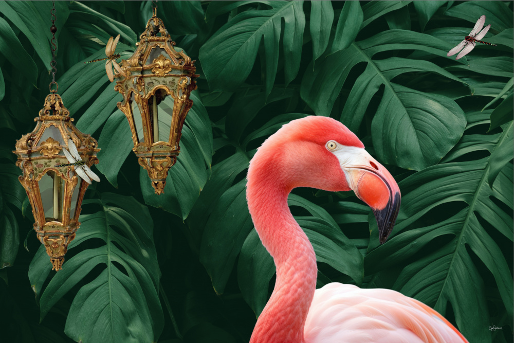 Flamingo &amp; Dragonflies van Sue Skellern