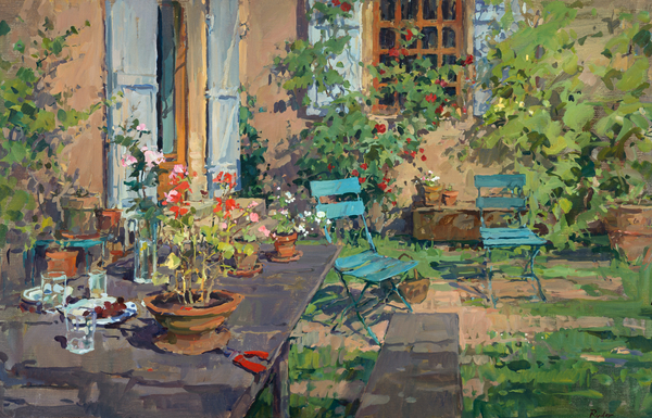 Terrace with Green Chairs, Burgundy van Susan  Ryder