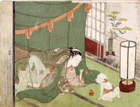 A 'Shunga', from a series of twenty four erotic prints: lovers, a man and a woman with a child looki van Suzuki Harunobu