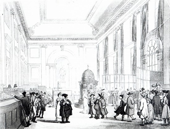 Bank of England, Great Hall, from Ackermann''s ''Microcosm of London'' van T.(1756-1827) Rowlandson