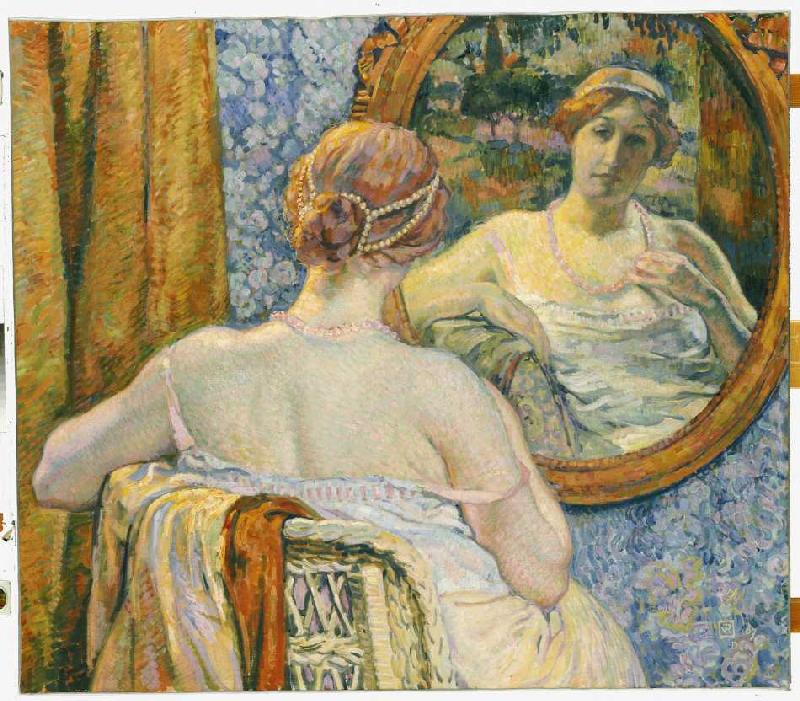 Frau beim Blick in den Spiegel van Theo van Rysselberghe