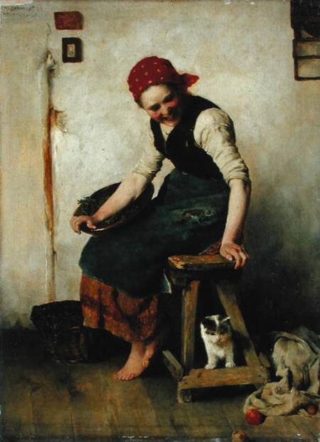 Young Girl with a Cat van Theodor Schmidt