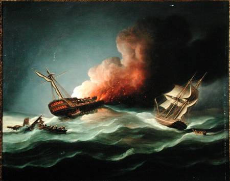 The East Indiaman Kent on Fire in the Bay of Biscay van Thomas Buttersworth