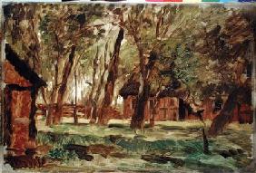 Farmstead under Trees (oil on paper)