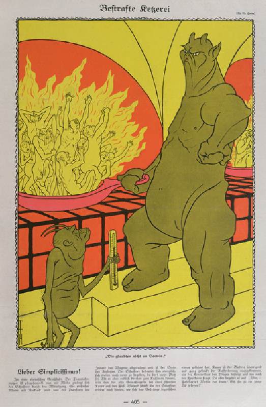 The Devil Burning the Disbelievers, from Simplicissimus, 12th October 1925 (colour litho) van Thomas Theodor Heine