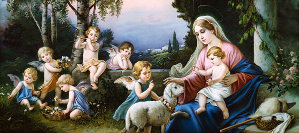 Maria mit Jesuskind, Schaf und Putten in einer idealisierten Landschaft. van (rond 1900) Anoniem
