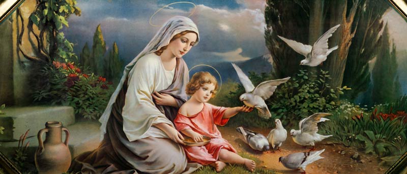 Maria und das Jesuskind mit Tauben spielend in einer idealisierten Landschaft van (rond 1900) Anoniem