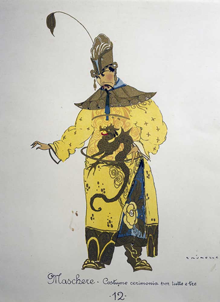 Costume for a maschere from Turandot by Giacomo Puccini, sketch by Umberto Brunelleschi (1879-1949)  van Umberto Brunelleschi