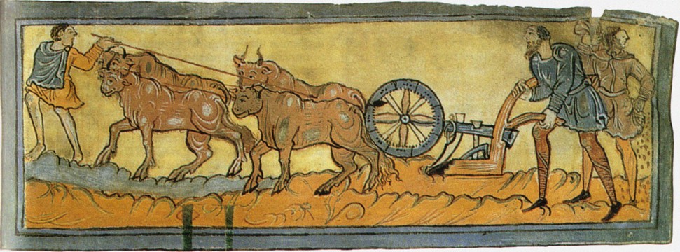 Peasants ploughing (Miniature from the Cotton MS Tiberius) van Unbekannter Künstler