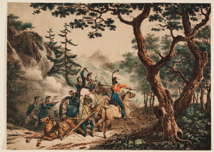 Cossacks attacking French soldiers in a forest van Unbekannter Künstler