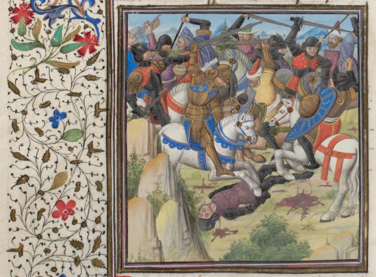 Fight between Christians and Saracens under Saladin. Miniature from the "Historia" by William of Tyr van Unbekannter Künstler