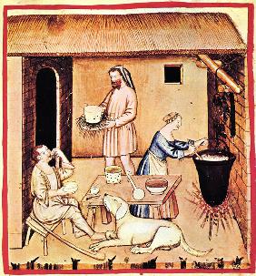 The production of cheese. A miniature from Tacuinum Sanitatis