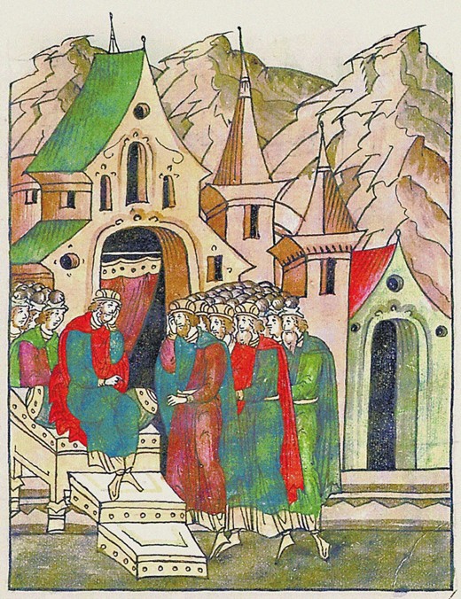 Yaropolk of Kiev calls his brothers to reconcile. (From the Illuminated Compiled Chronicle) van Unbekannter Künstler